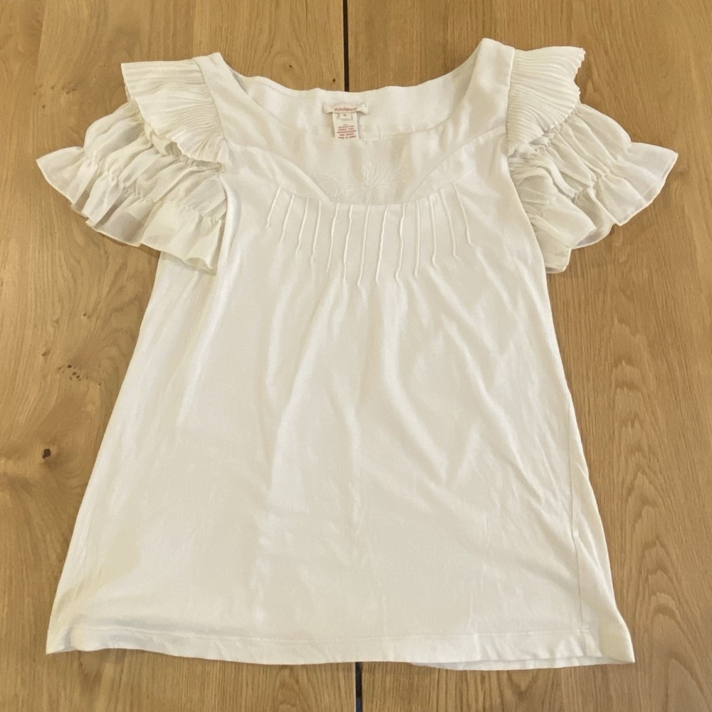 Sundance Ivory Smocked Ruffle Sleeve Short Sleeve Blouse Top Small